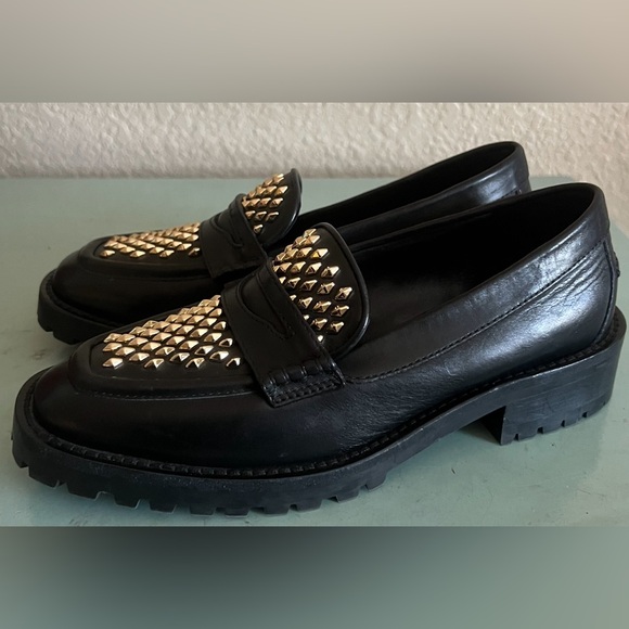 Jimmy Choo Deanna Black Gold Spiked Slip In Embellished Loafer Shoes 37.5 New - Picture 13 of 15